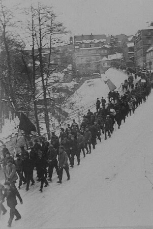 Demonstrationszug von Erwerbslosen in der Bahnhofstraße in Schwarzenberg 1930 : Demonstrationszug von Erwerbslosen