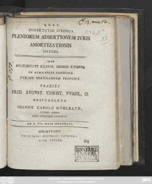 Dissertatio Ivridica Pleniorem Adsertionem Ivris Amortizationis Sistens
