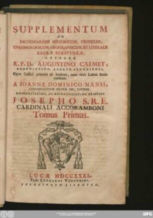 Tomus Primus: Supplementum Ad Dictionarium Historicum, Criticum, Chronologicum, Geographicum, Et Literale Sacrae Scripturae