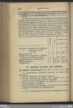 IV. Optische Formeln und Tabellen