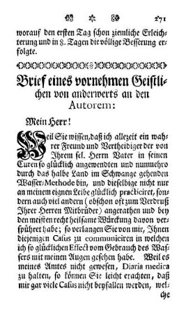 Brief eines vornehmen Geistlichen von anderwerts an den Autorem.