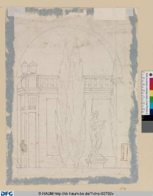Kassel: Entwurfsskizze für eine Wanddekoration: Blick durch einen Architekturrahmen auf die Karlsaue mit weiblicher Skulptur umgeben von Bäumen