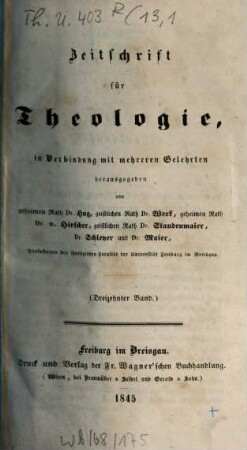 Zeitschrift für Theologie. 13. 1845