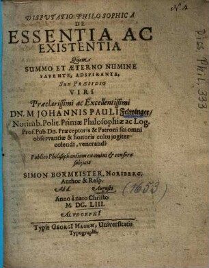 Disputatio Philosophica De Essentia Ac Existentia