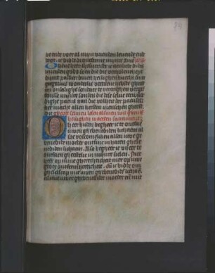 Textseite mit Initiale : Textseite mit Initiale, fol. 84r. Aus: Horarium. Pergament, Wasserfarben; 175 x 130 mm. Niederländisch, um 1500. Dresden: SLUB Mscr.Dresd.M.220