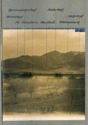 Foto aus der Beobachtungsstelle des "Artillerie-Kommandeurs Lutterbach" mit dem Ausschnitt Amselkopf - Herrenstubenkopf - Sennheim - Steinbach - Bächerkopf - Wolfskopf (Rundbild)