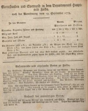 Sperrstunden und Sperrgeld in dem Departements Hauptorte Fulda, nach der Verordnung vom 19. September 1778.