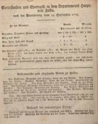 Sperrstunden und Sperrgeld in dem Departements Hauptorte Fulda, nach der Verordnung vom 19. September 1778.