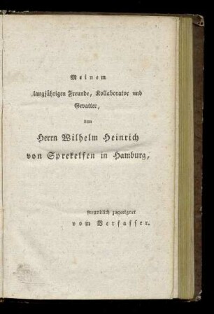 Widmung an Wilhelm Heinrich von Sprekelsen