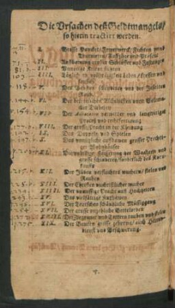 Die Ursachen deß Geldtmangels/ so hierin tractirt werden.