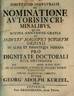 Dispvtatio Inavgvralis De Nominatione Avtoris In Criminalibvs
