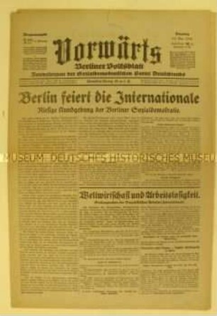 Zentralorgan der SPD "Vorwärts" zu einer Kundgebung für die Sozialistische Arbeiter-Internationale in Berlin