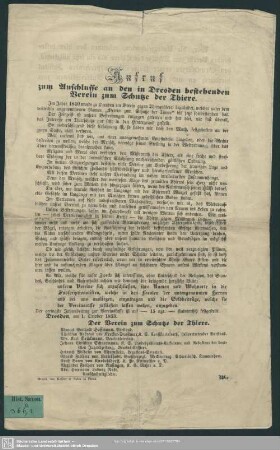Aufruf zum Anschluße an den in Dresden bestehenden Verein zum Schutze der Thiere