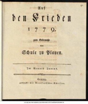 Auf den Frieden 1779, zum Gebrauche der Schule zu Plauen