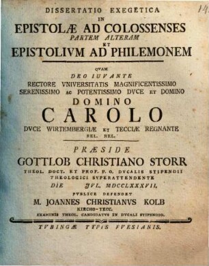 Diss. exeg. in Epistolae ad Colossenses, Pars altera. ... et Epistolium ad Philemonem