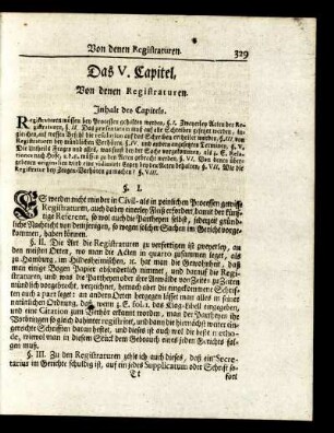 Das V. Capitel. Von denen Registraturen. - Das VIII. Capitel. Von denen Manul-Acten.