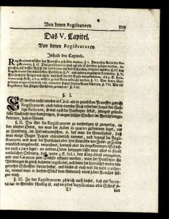 Das V. Capitel. Von denen Registraturen. - Das VIII. Capitel. Von denen Manul-Acten.