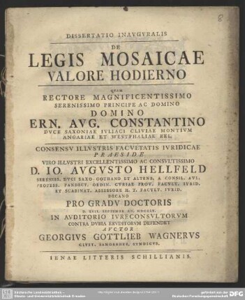 Dissertatio Inauguralis De Legis Mosaicae Valore Hodierno