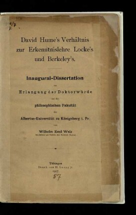David Hume's Verhältnis zur Erkenntnislehre Locke's und Berkeley's