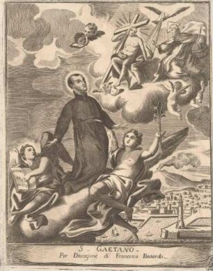 Der heilige Kajetan von Thiene bittet vor der Heiligen Dreifaltigkeit für Neapel