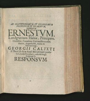 Ad ... Dominvm Ernestvm ... Georgii Calixti ... Responsum