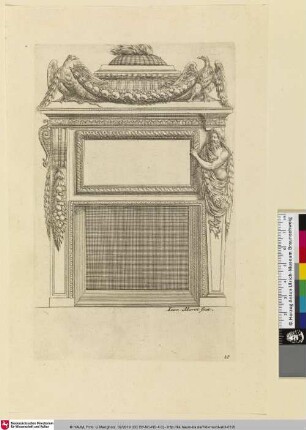 Diverses Inventions nouvelles pour des Cheminées, Bl. 10 [Kamin mit Detailvarianten, li. seitlich Frutgehänge an Volute, re. seitlich Hermenpilaster, leeres Rechteckfeld, bekrönt von zwei Adlern, die eine Fruchtgirlande tragen. (Wilke 2016)]
