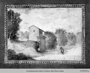 Serie von Landschaftsdarstellungen unter den Fenstern : Landschaft mit einem Bauernhaus und zwei Männern