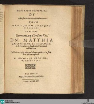 Disputatio Theologica: De Adiaphoris sive rebus indifferentibus