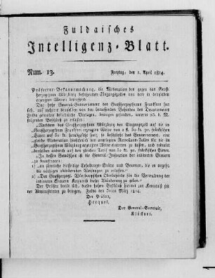 Num. 13, Ausgabe vom 1. April 1814