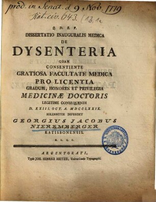 Dissertatio Inauguralis Medica De Dysenteria