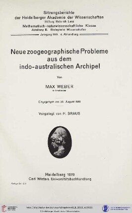 1919, 4. Abhandlung: Sitzungsberichte der Heidelberger Akademie der Wissenschaften, Mathematisch-Naturwissenschaftliche Klasse: Abteilung B, Biologische Wissenschaften: Neue zoogeographische Probleme aus dem indoaustralischen Archipel