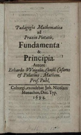 Paedagogiae Mathematicae ad Praxin Pietatis, Fundamenta & Principia