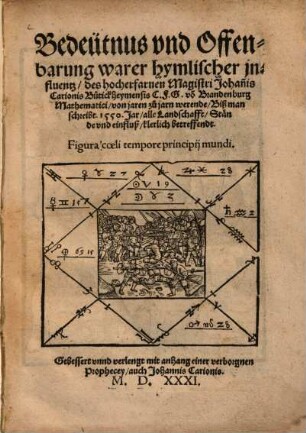 Bedeutnus vnd Offenbarung warer hymlischer jnfluentz, des hocherfarnen Magistri Johannis Carionis Bütickheymensis C. F. G. vo[n] Brandenburg Mathematici : von jaren zu jarn werende, Biß man schreibt. 1550. Jar, alle Landschafft, Staende vnd einfluß, klerlich betreffendt