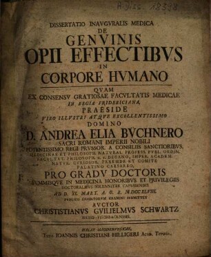 Dissertatio Inavgvralis Medica De Genvinis Opii Effectibvs In Corpore Hvmano