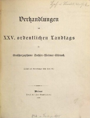 Verhandlungen des ... Landtags und der Gebietsvertretung von Sachsen-Weimar-Eisenach. Ordentlicher Landtag. Schriftenwechsel. 1889/90 = 25