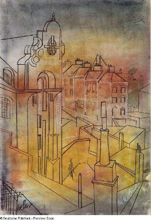 Konstruktive Stadtlandschaft mit Dächern und Schornsteinen : Konstruktive Stadtlandschaft mit Dächern und Schornsteinen. Kohle- und Bleistiftzeichnung; 56 x 38,4 cm