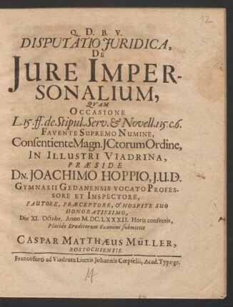 Disputatio Iuridica, De Iure Impersonalium