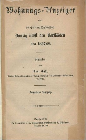 16.1867/68: Wohnungs-Anzeiger von der See- und Handelsstadt Danzig nebst den Vorstädten