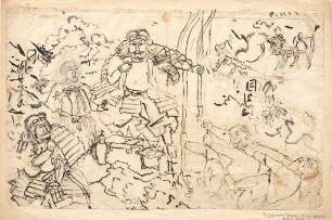 Studie zur Erzählung Die zwei Bogenspanner am Bogen des Tametomo (links); Skizze für das Diptychon Die starke Frau Okane aus der Provinz Omi (rechts oben)