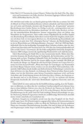 Felix Fabri O. P. Tractatus de civitate Ulmensi. Traktat über die Stadt Ulm. Hg., übersetzt und kommentiert von Folker Reichert. Konstanz/Eggingen 2012.