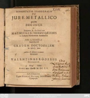 Dissertatio Inauguralis De Iure Metallico