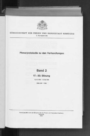 Wahlper. 8.1974/78, Bd. 2: Plenarprotokoll // Bürgerschaft der Freien und Hansestadt Hamburg