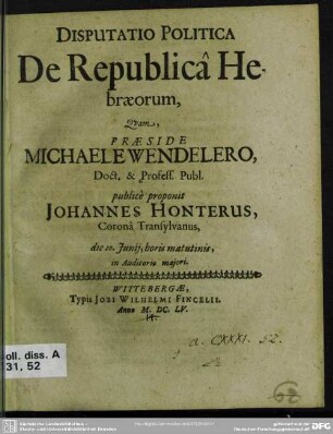 Disputatio politica De republica Hebraeorum