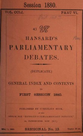 Hansard's parliamentary debates. General index to session. 1880