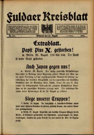 Erste Ausgabe vom Donnerstag, den 20. August 1914.