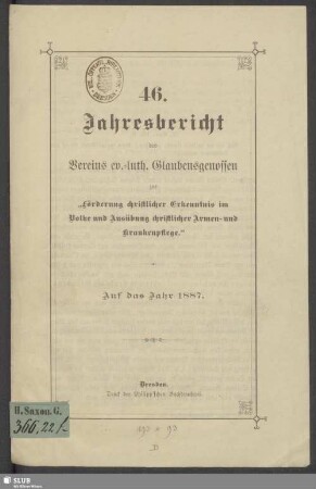 46.1887: Jahresbericht des Vereins Ev.-Luth. Glaubensgenossen zur Förderung Christlicher Erkenntnis im Volke und Ausübung Christlicher Armen- und Krankenpflege