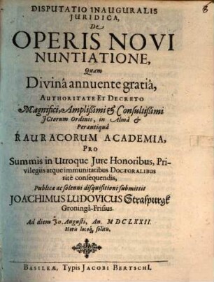 Disputatio Inauguralis Iuridica, De Operis Novi Nuntiatione