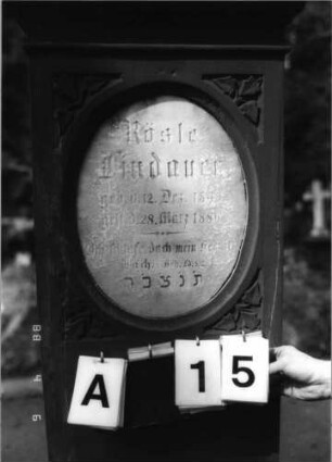 Grabstein 15 (Index: 99792901) Material: Sandstein und Marmor Zustand: Sprünge, leicht verwittert Maße HxBxT: 175x50x34 cm Beschreibung: Stele, Sockel profiliert, Giebel mit Akroter, Schriftfeld eingetieft, stehendes Oval, Textplatte eingesetzt Symbolik: Efeublätter Besonderheit: Schrift vergoldet: Grabstein 15A