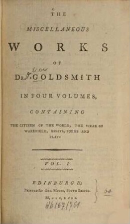The miscellaneous works, 1. The citizen of the world. - 1792. - 224 S.