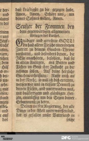 Seufzer der Frommen bey dem gegenwärtigen allgemeinen Anliegen des Landes.